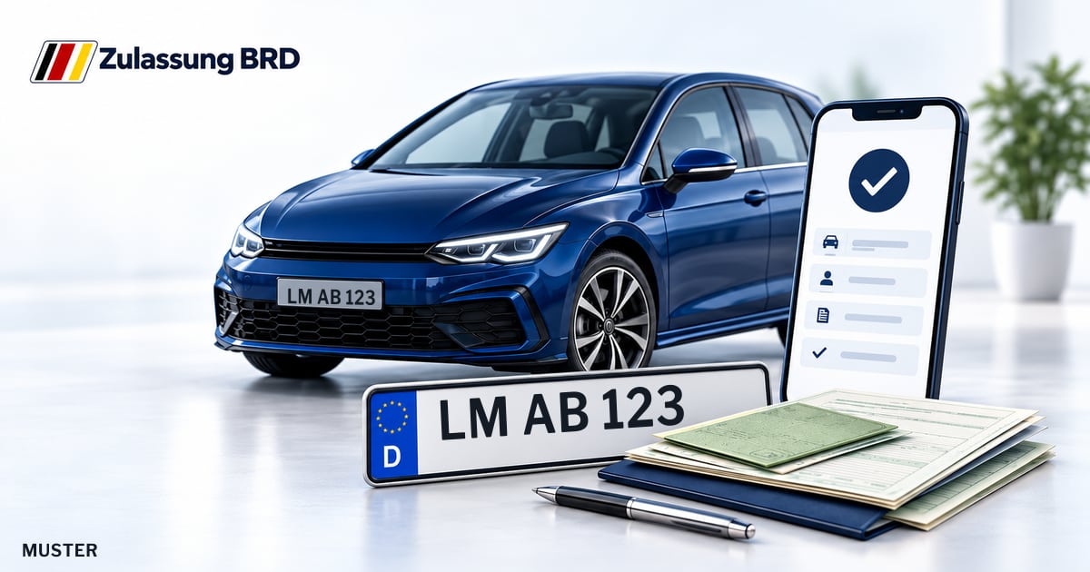 Online Fahrzeugzulassung in Waldbrunn (Westerwald): Musterkennzeichen LM AB 123, Auto und Fahrzeugpapiere und Smartphone. Illustration mit Logo von Zulassung BRD.